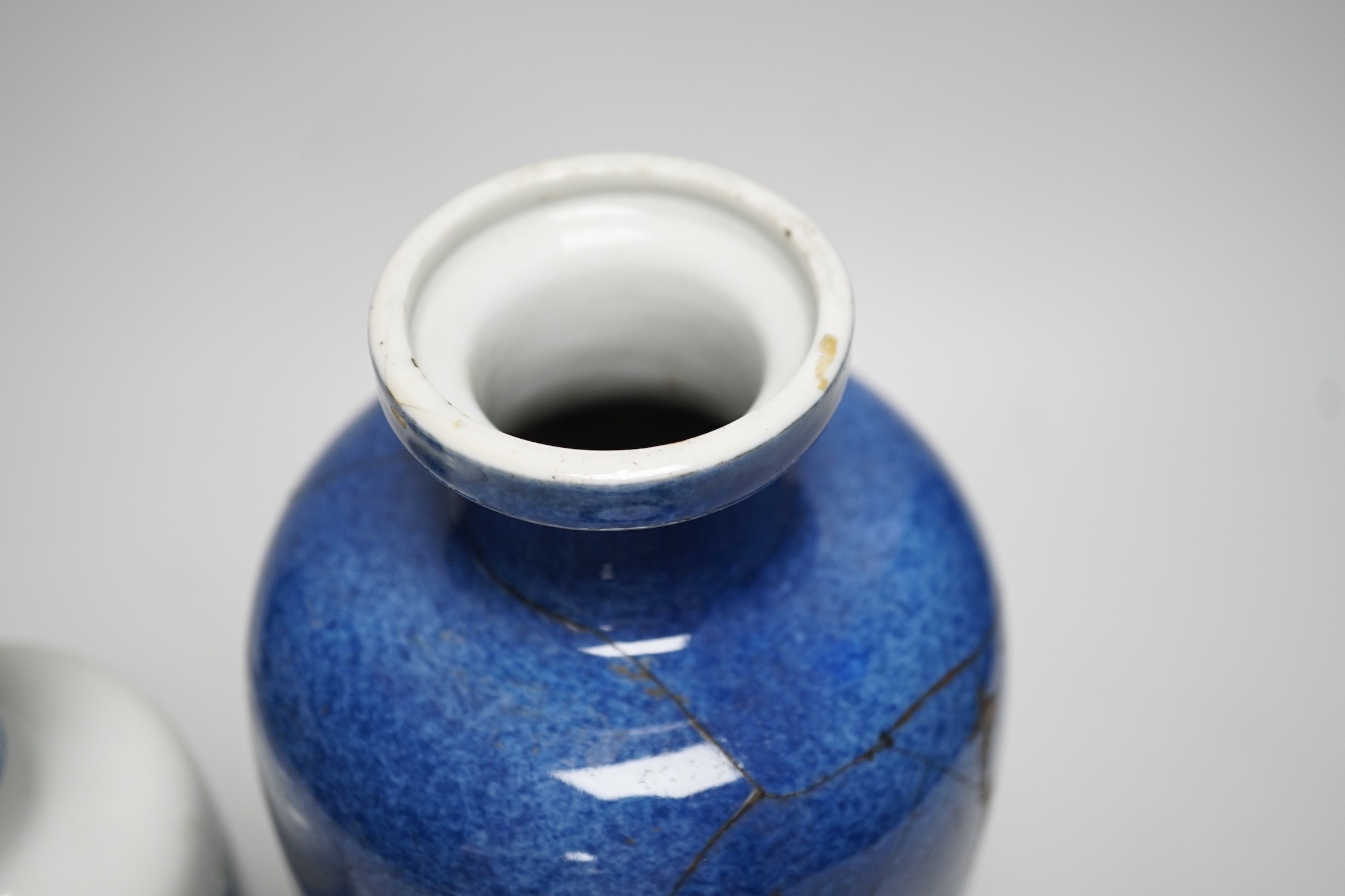 A Chinese blue and white ‘precious objects’ export vase, together with a Chinese powder blue export vase, open vignettes (a.f.) tallest 24.5cms